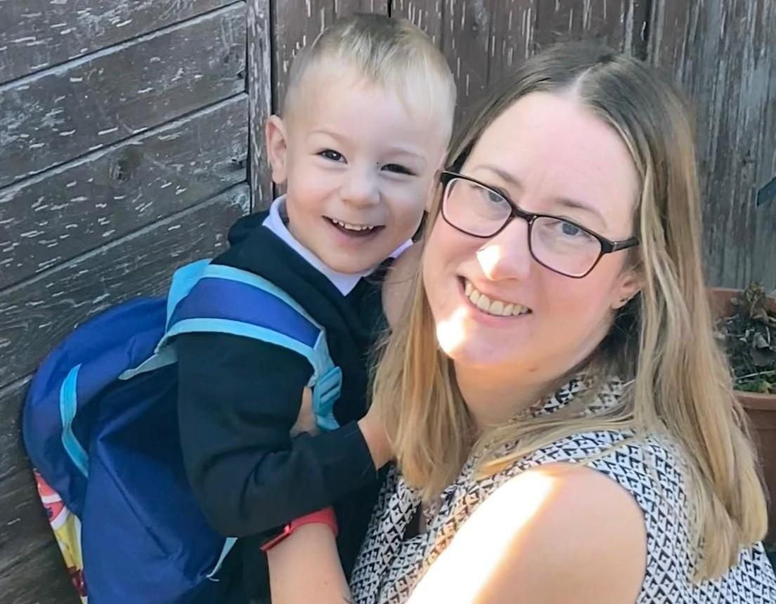 Stroke survivor Claire Arnopp with her son on his first day at nursery
