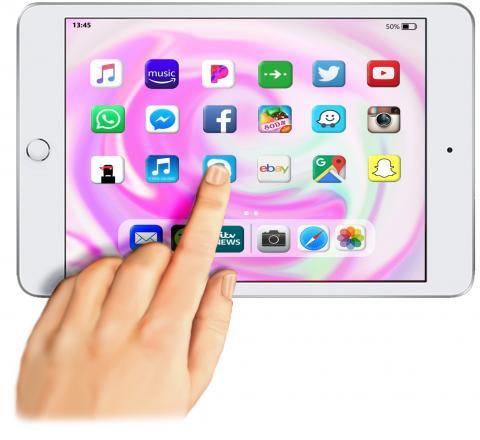 A cartoon of a hand tapping an app on a tablet