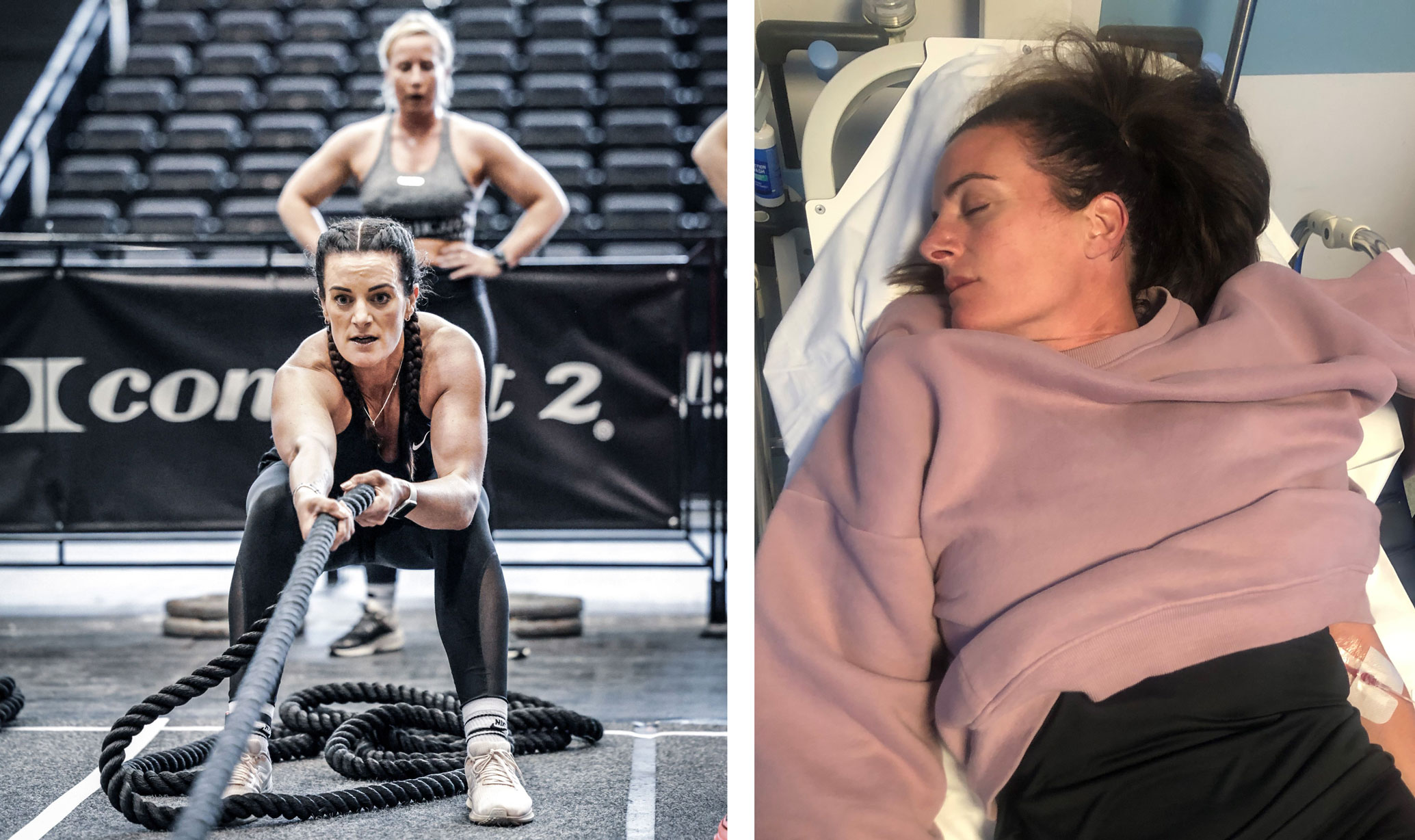 Stroke survivor Lucy at the gym and then in hospital