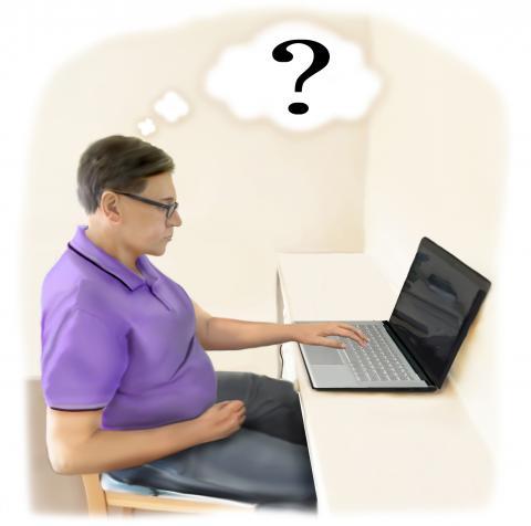 A cartoon of a man looking at a laptop. There is a question mark over his head.