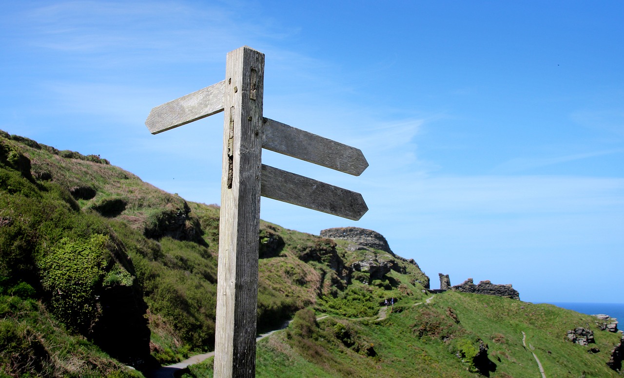 A photo of an old wooden signpost in a green costal landscape. The sign post doesn't have any directions written on it