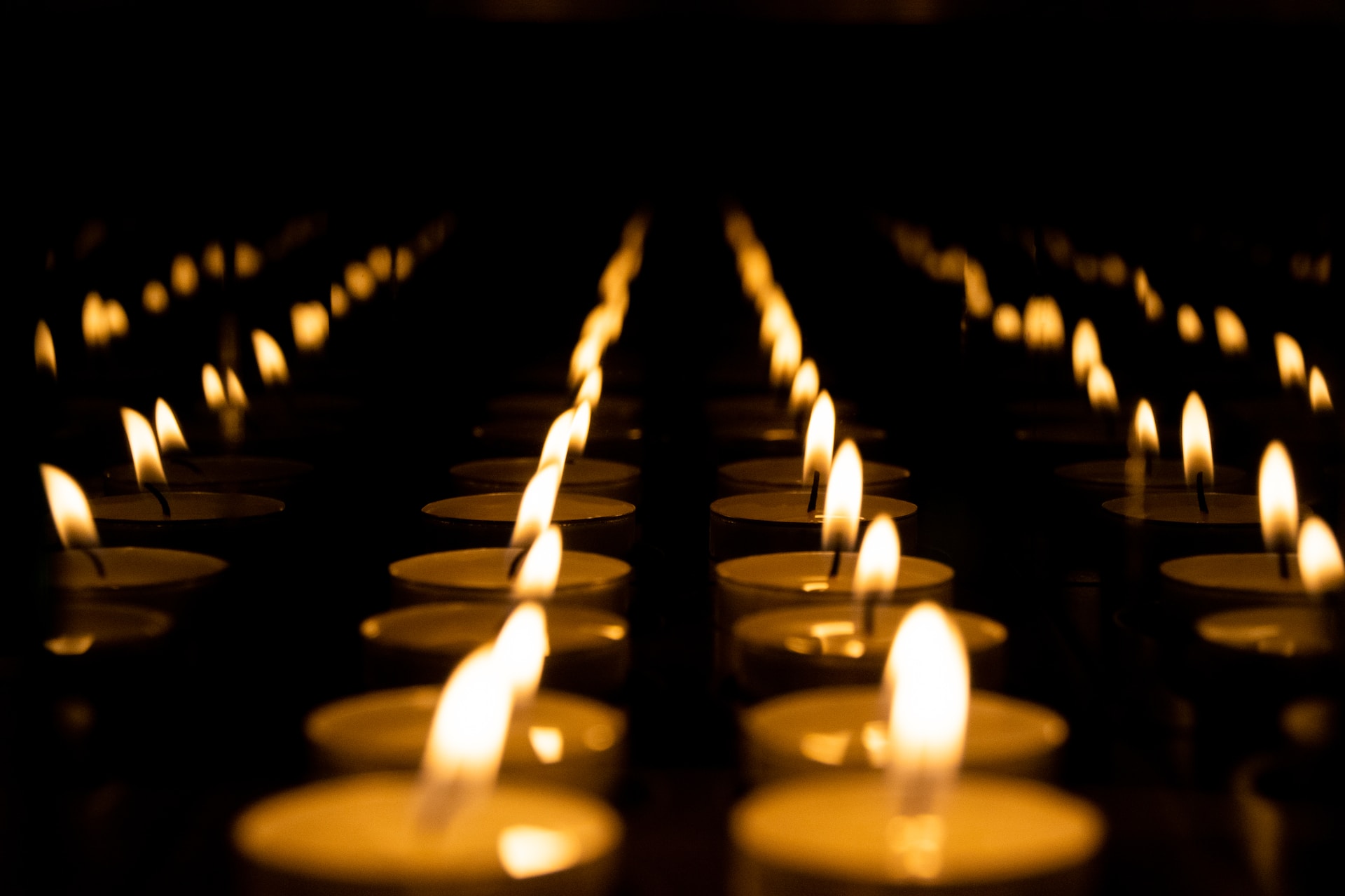 Tealight candles in rows with a black background