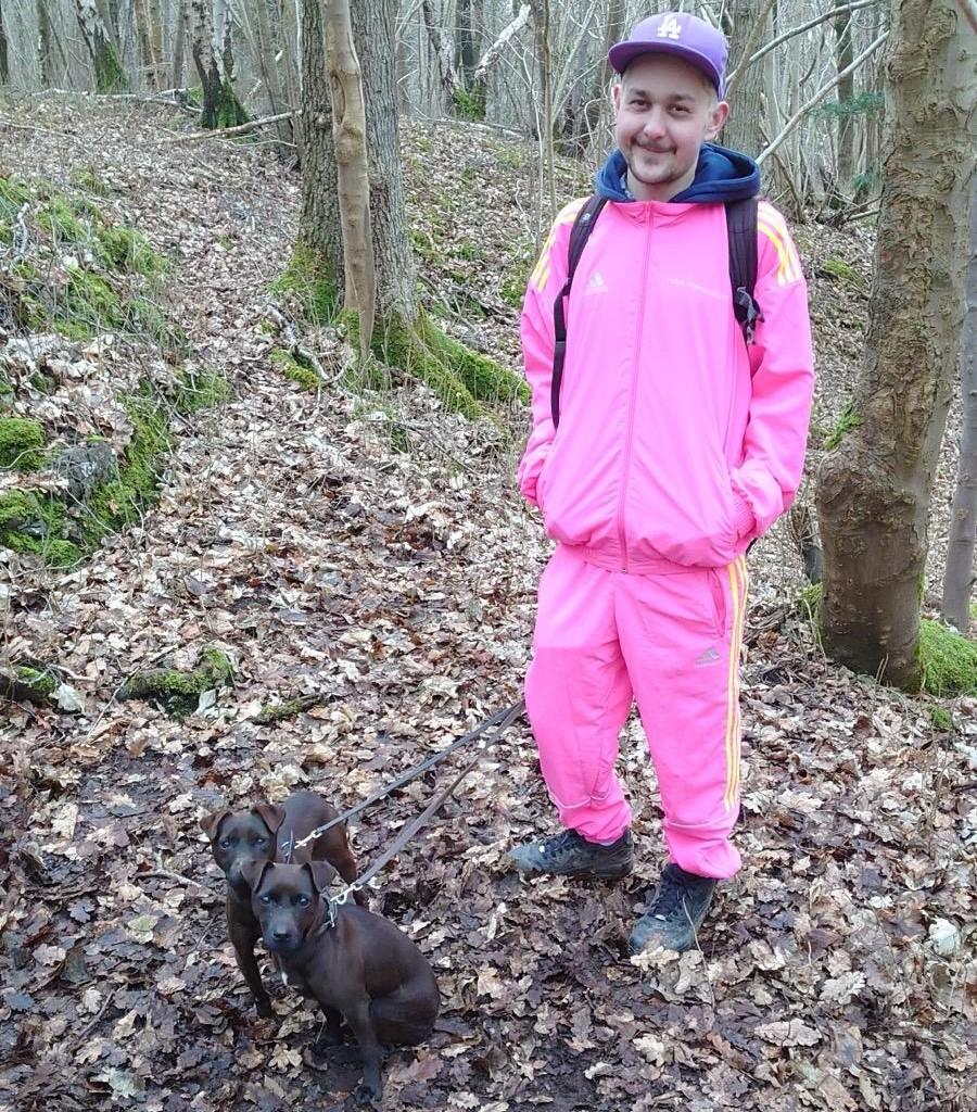 Stroke survivor Daniel walking his two dogs