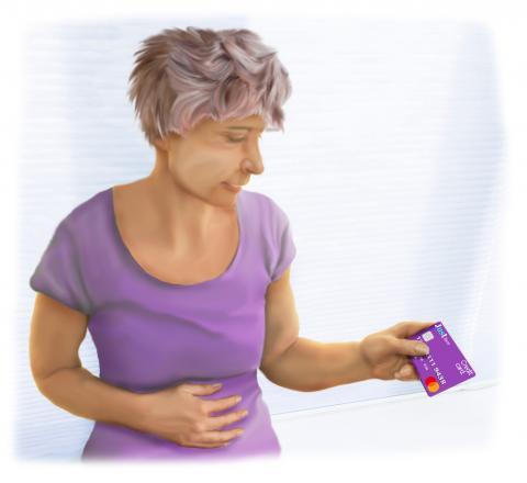 A cartoon of a woman looking at a credit card