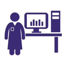 An icon of a person, next to a table with a computer on it