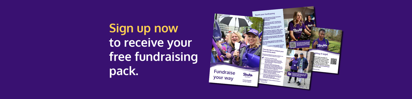 A banner showing some text (Sign up now to receive your free fundraising pack), and the pack you receive when you take part