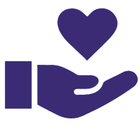 Small purple support icon showing a heart and hand