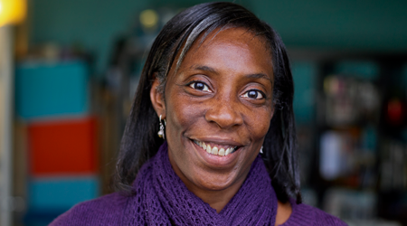 Stroke survivor Lisa smiling at home 