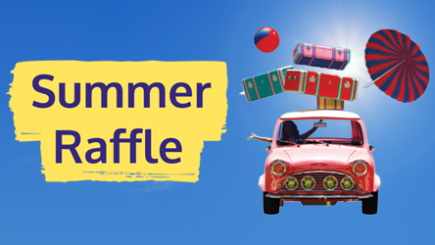 An old style mini with luggage and beach umbrella. Text reads "Summer Raffle"
