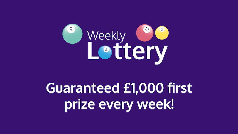 Weekly Lottery logo with text "Guaranteed £1,000 first prize every week"