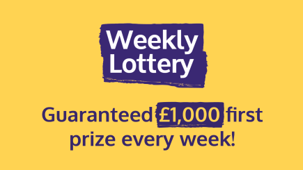 Purple text on a yellow background reading "Weekly Lottery. Guaranteed £1,000 first prize every week!"